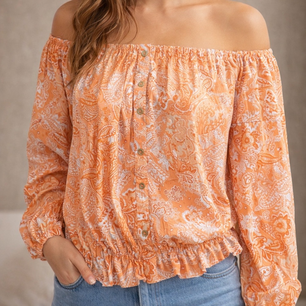 Michael Kors Orange Paisley Off-Shoulder Blouse